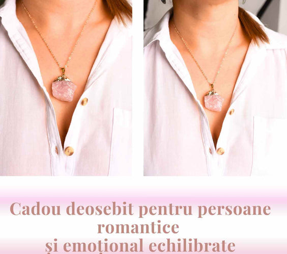 Colier auriu ajustabil cu pandantiv din Cuart Roz brut – Vindecare și Iubire