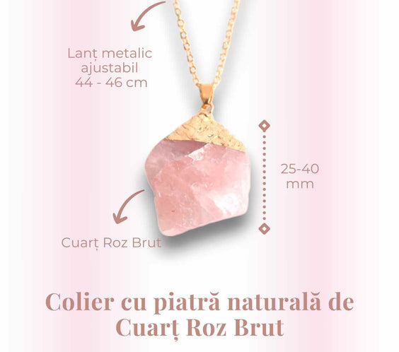Colier auriu ajustabil cu pandantiv din Cuart Roz brut – Vindecare și Iubire