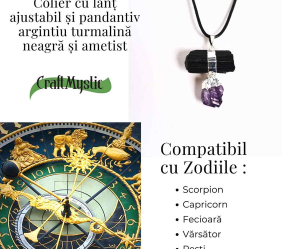 Colier cu pandantiv Turmalina si Ametist – Protectie si Claritate Spirituala