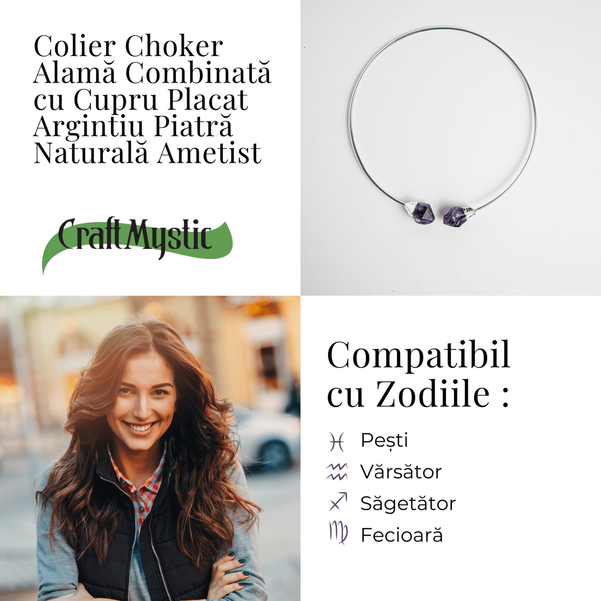 Colier Choker Argintiu cu Piatra Ametist Bruta - Echilibrare si Spiritualitate