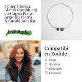 Colier Choker Argintiu cu Piatra Ametist Bruta - Echilibrare si Spiritualitate