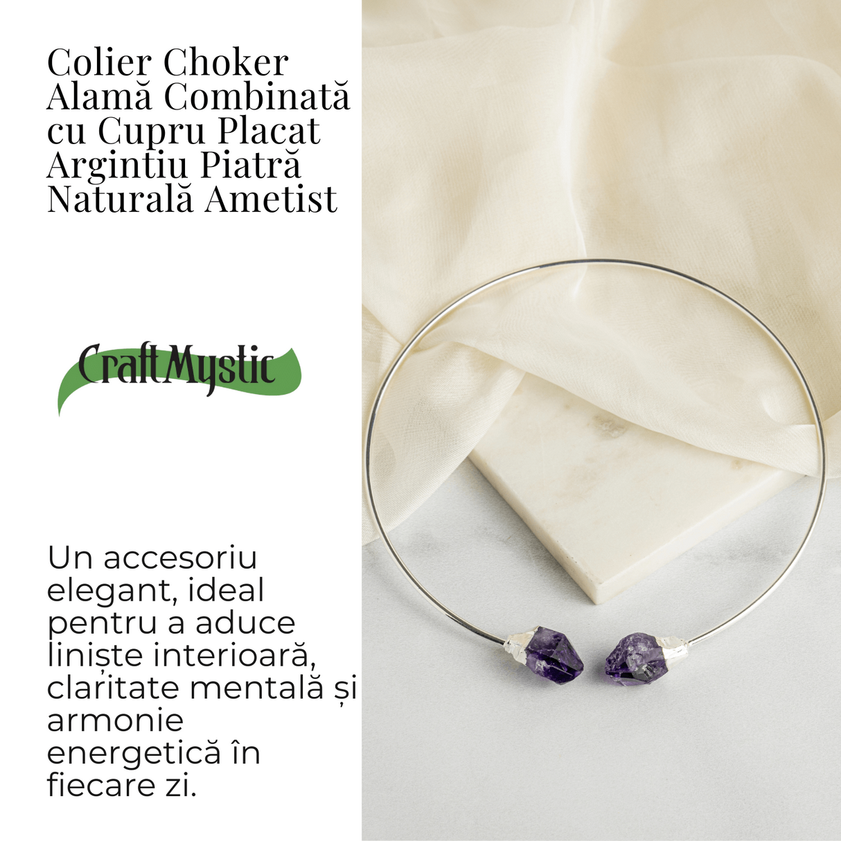 Colier Choker Argintiu cu Piatra Ametist Bruta - Echilibrare si Spiritualitate