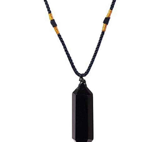 Colier cu cristal vindecator Obsidian 4-5 cm, in forma hexagonala cu dublu varf si saculet satin negru – pentru protectie, vointa si noroc