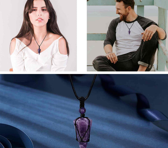 Colier cu cristal vindecator Ametist, cu 6 fatete si franghia impletita – pentru pace interioara, calm si reducerea stresului