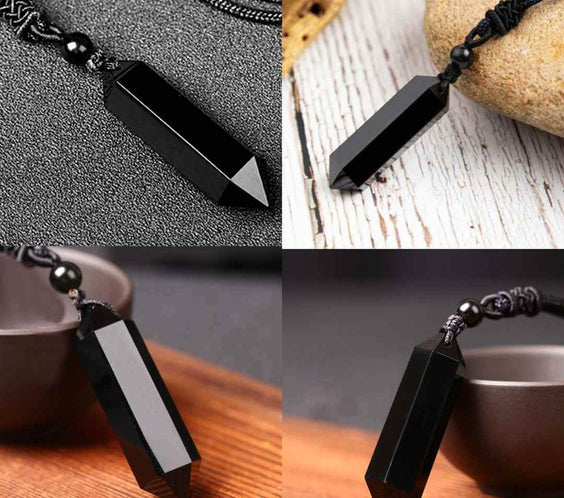 Colier cu cristal vindecator Obsidian Negru, in forma hexagonala cu dublu varf si franghie neagra ajustabila – pentru protectie, stabilitate si armonie