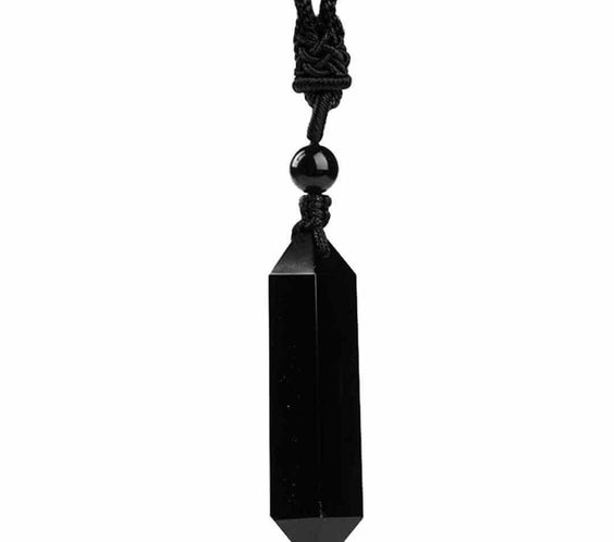 Colier cu cristal vindecator Obsidian Negru, in forma hexagonala cu dublu varf si franghie neagra ajustabila – pentru protectie, stabilitate si armonie