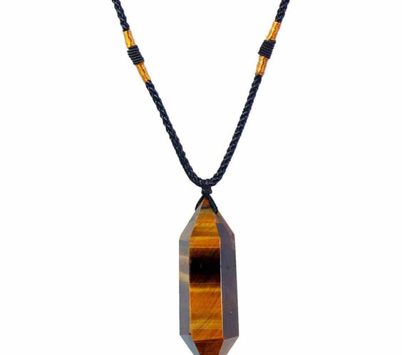 Colier cu cristal vindicator Ochi de Tigru, in forma hexagonala cu dublu varf – pentru protectie, vointa si noroc.