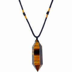 Colier cu cristal vindecator Ochi de Tigru, in forma hexagonala cu dublu varf – pentru protectie, vointa si noroc.
