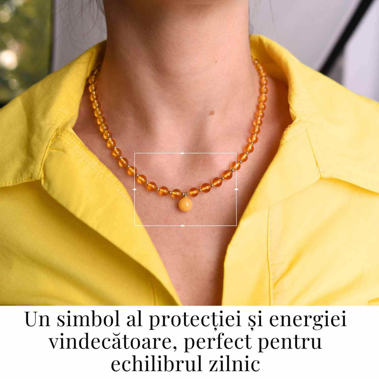Colier cu Margele Chihlimbar Galben 6mm si Pandantiv 9mm – Protectie si Energizare