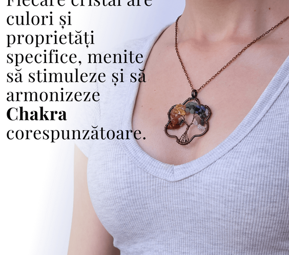 Colier cu pandantiv arborele vietii - Realizat manual cu pietre semipretioase sparte si cristale vindecatoare a celor 7 chakre