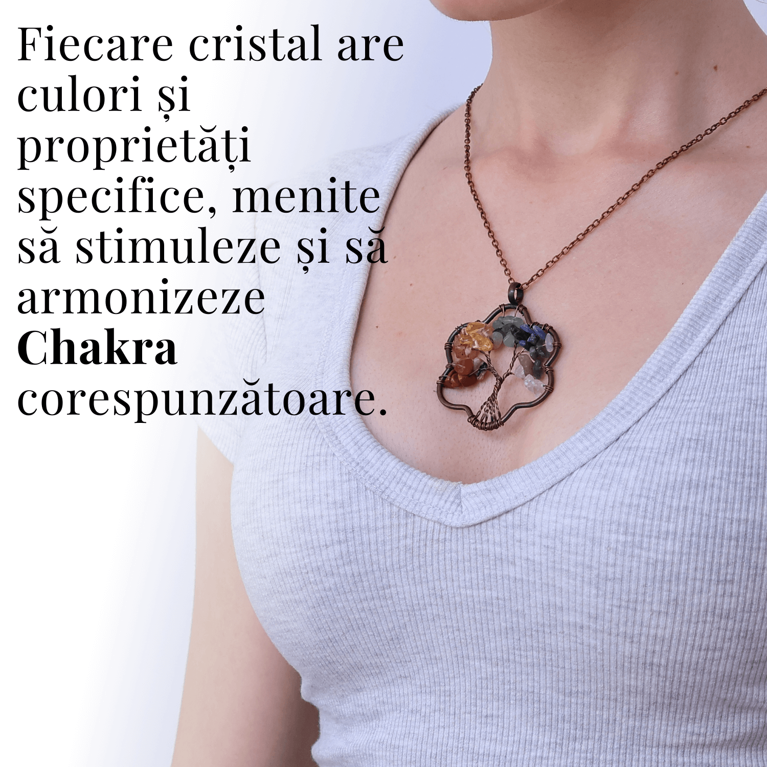 Colier cu pandantiv arborele vietii - Realizat manual cu pietre semipretioase sparte si cristale vindecatoare a celor 7 chakre