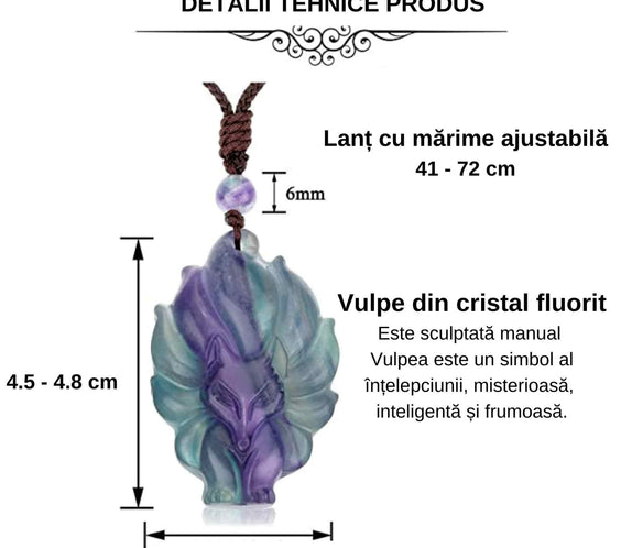Colier cu pandantiv chip de vulpe din cristal vindecator Flourit – semnificatia pandantivului: intelepciune, frumusete, inteligenta, adaptabilitate si oportunitate