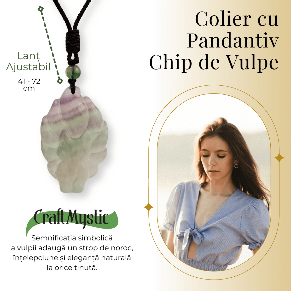 Colier cu pandantiv chip de vulpe din cristal vindecator Flourit verde