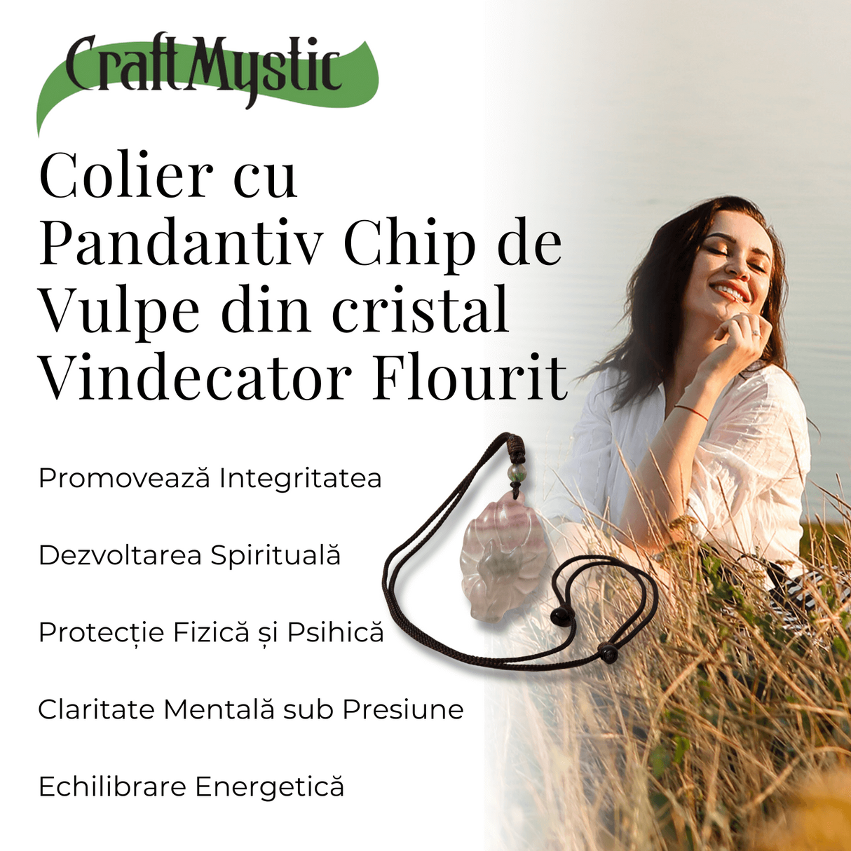 Colier cu pandantiv chip de vulpe din cristal vindecator Flourit verde