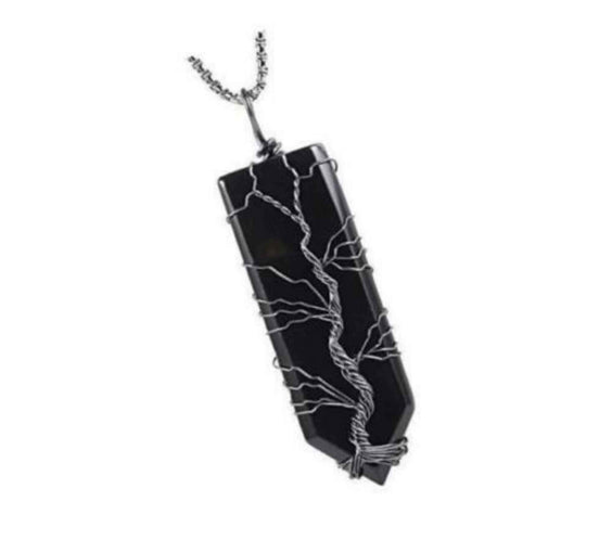 Colier cu pandantiv hexagonal din cristal obsidian - Realizat manual, infasurat intr-o sarma de cupru argintie, dandu-i o forma perfecta