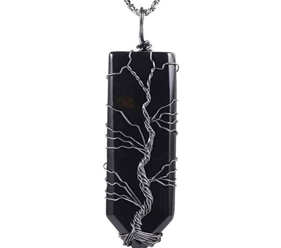 Colier cu pandantiv hexagonal din cristal obsidian - Realizat manual, infasurat intr-o sarma de cupru argintie, dandu-i o forma perfecta
