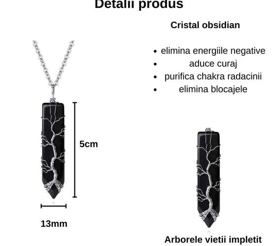 Colier cu pandantiv hexagonal din cristal obsidian - Realizat manual, infasurat intr-o sarma de cupru argintie, dandu-i o forma perfecta