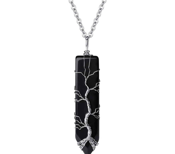 Colier cu pandantiv hexagonal din cristal obsidian - Realizat manual, infasurat intr-o sarma de cupru argintie, dandu-i o forma perfecta