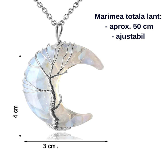 Colier cu pandantiv model semiluna cu arborele vietii - Realizat din piatra de cristal transparent si rasina naturala