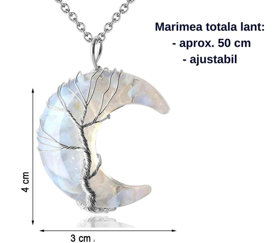 Colier cu pandantiv model semiluna cu arborele vietii - Realizat din piatra de cristal transparent si rasina naturala