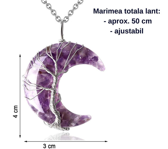 Colier cu pandantiv model semiluna si arborele vietii cu cristal ametist si rasina naturala