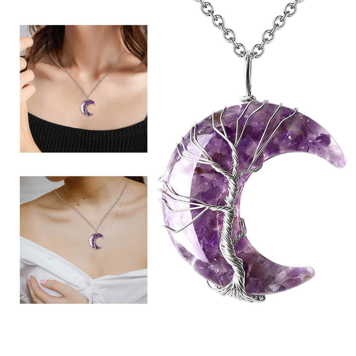 Colier cu pandantiv model semiluna si arborele vietii cu cristal ametist si rasina naturala