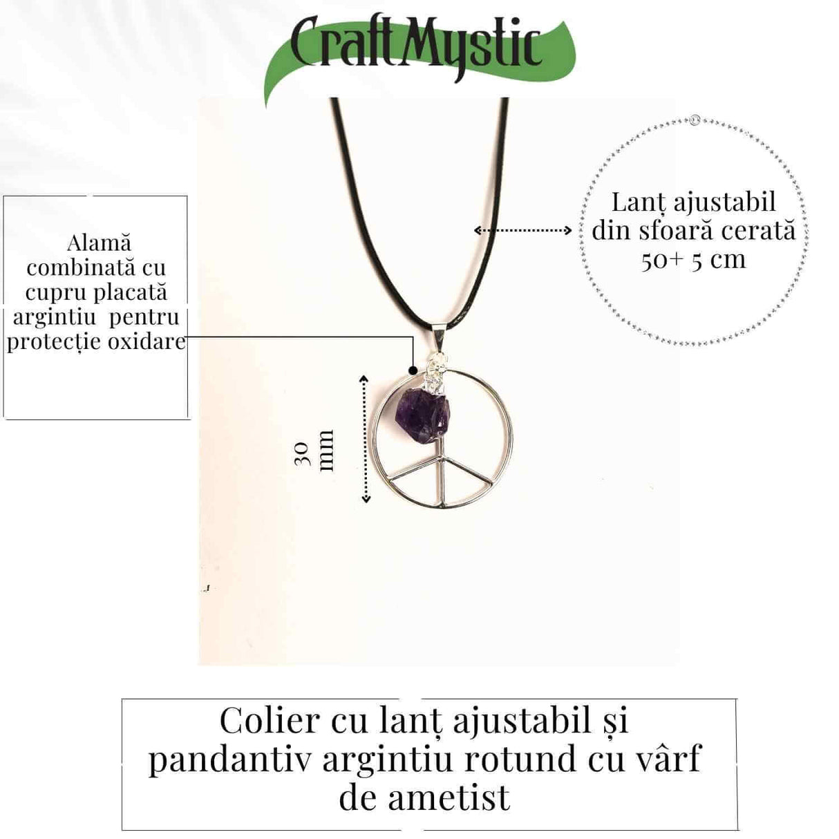 Colier cu Ametist în forma de Semnul Pacii – Liniste si Claritate
