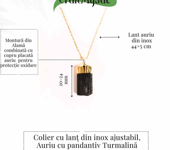 Colier auriu cu pandantiv si Turmalina Neagra cu lant inox – Protectie si Eleganta Naturala