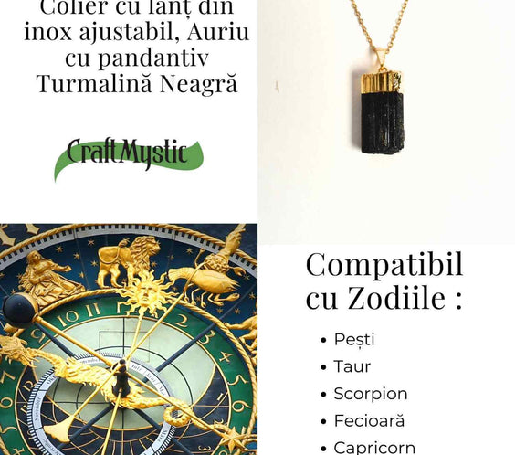 Colier auriu cu pandantiv si Turmalina Neagra cu lant inox – Protectie si Eleganta Naturala