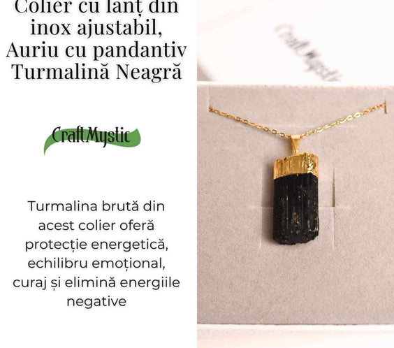 Colier auriu cu pandantiv si Turmalina Neagra cu lant inox – Protectie si Eleganta Naturala