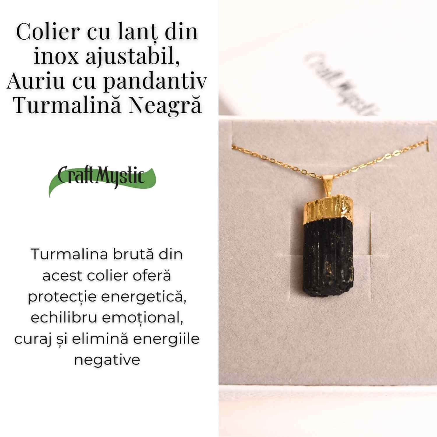 Colier auriu cu pandantiv si Turmalina Neagra cu lant inox – Protectie si Eleganta Naturala