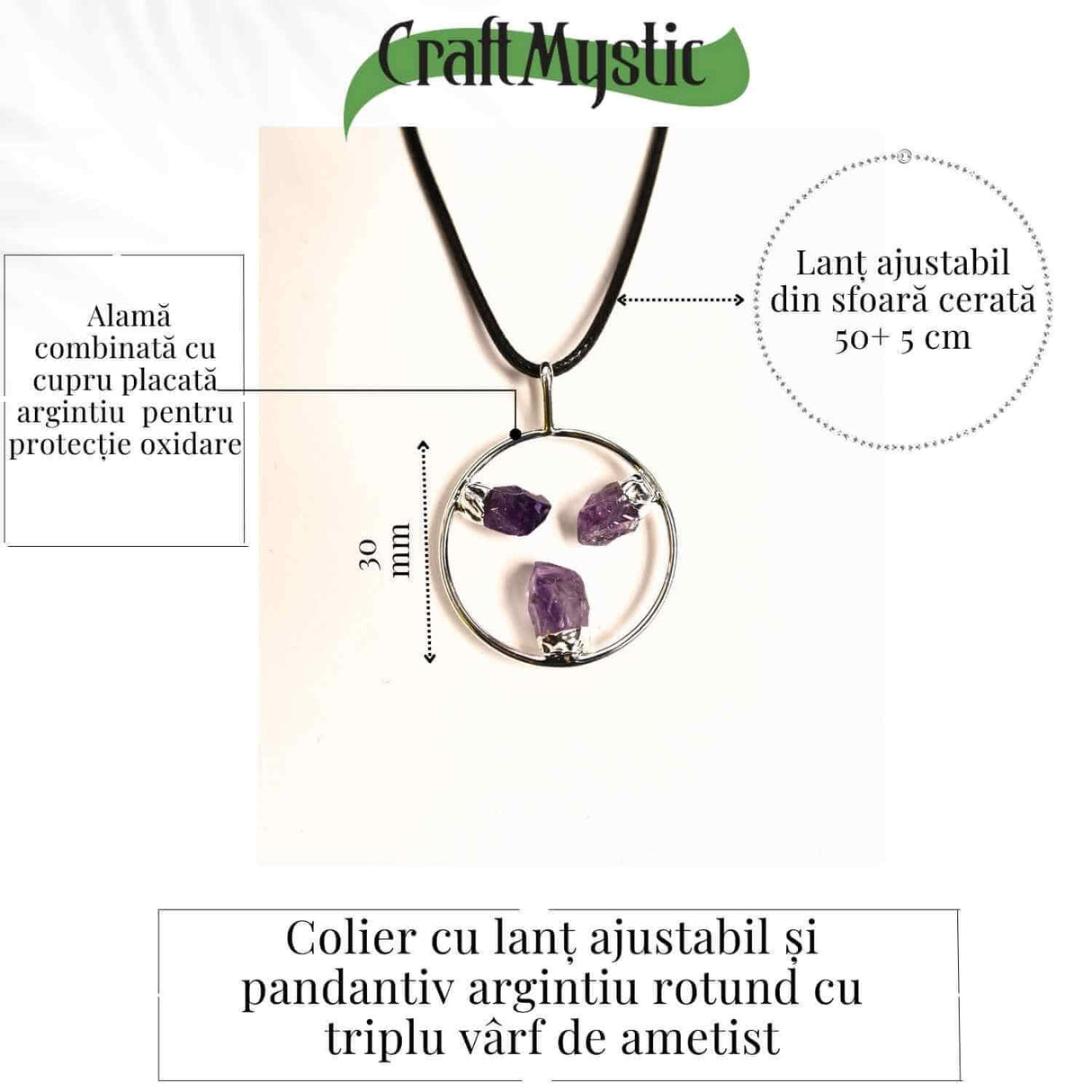 Colier cu pandantiv rotund si 3 pietre varf Ametist – Claritate si Eleganta Naturala