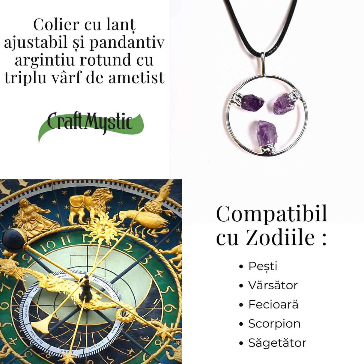 Colier cu pandantiv rotund si 3 pietre varf Ametist – Claritate si Eleganta Naturala