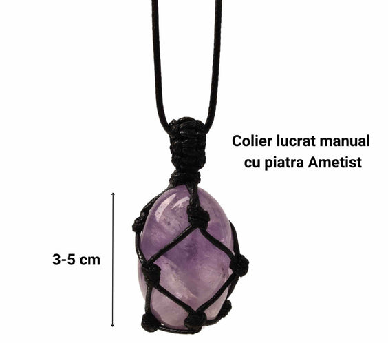 Colier cu Pandantiv din Ametist 3-4 cm Slefuit pentru Vindecare, in Sfoara Impletita, Bijuterie de Meditatie si Yoga pentru Femei