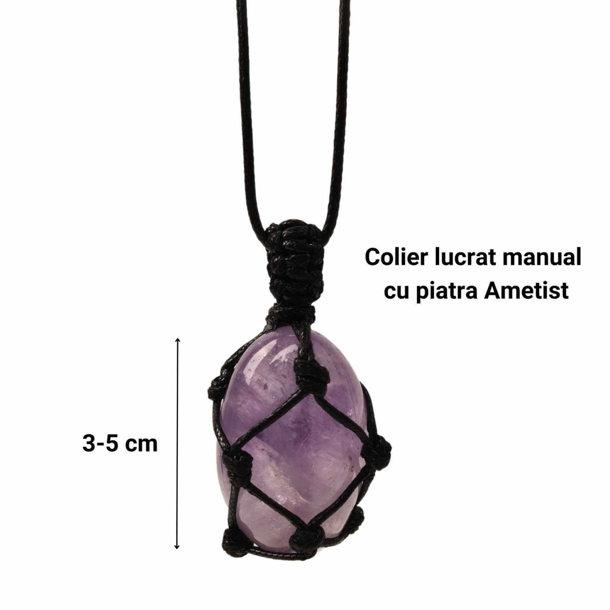 Colier cu Pandantiv din Ametist 3-4 cm Slefuit pentru Vindecare, in Sfoara Impletita, Bijuterie de Meditatie si Yoga pentru Femei