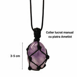 Colier cu Pandantiv din Ametist 3-4 cm Slefuit pentru Vindecare, in Sfoara Impletita, Bijuterie de Meditatie si Yoga pentru Femei
