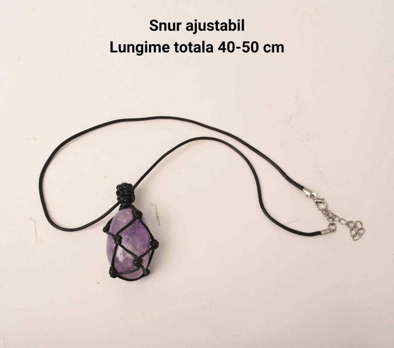 Colier cu Pandantiv din Ametist 3-4 cm Slefuit pentru Vindecare, in Sfoara Impletita, Bijuterie de Meditatie si Yoga pentru Femei
