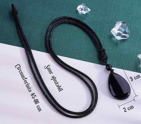 Colier din Cristal Obsidian in Forma de Lacrima Bijuterie Manuala cu Snur Reglabil pentru Barbati si Femei