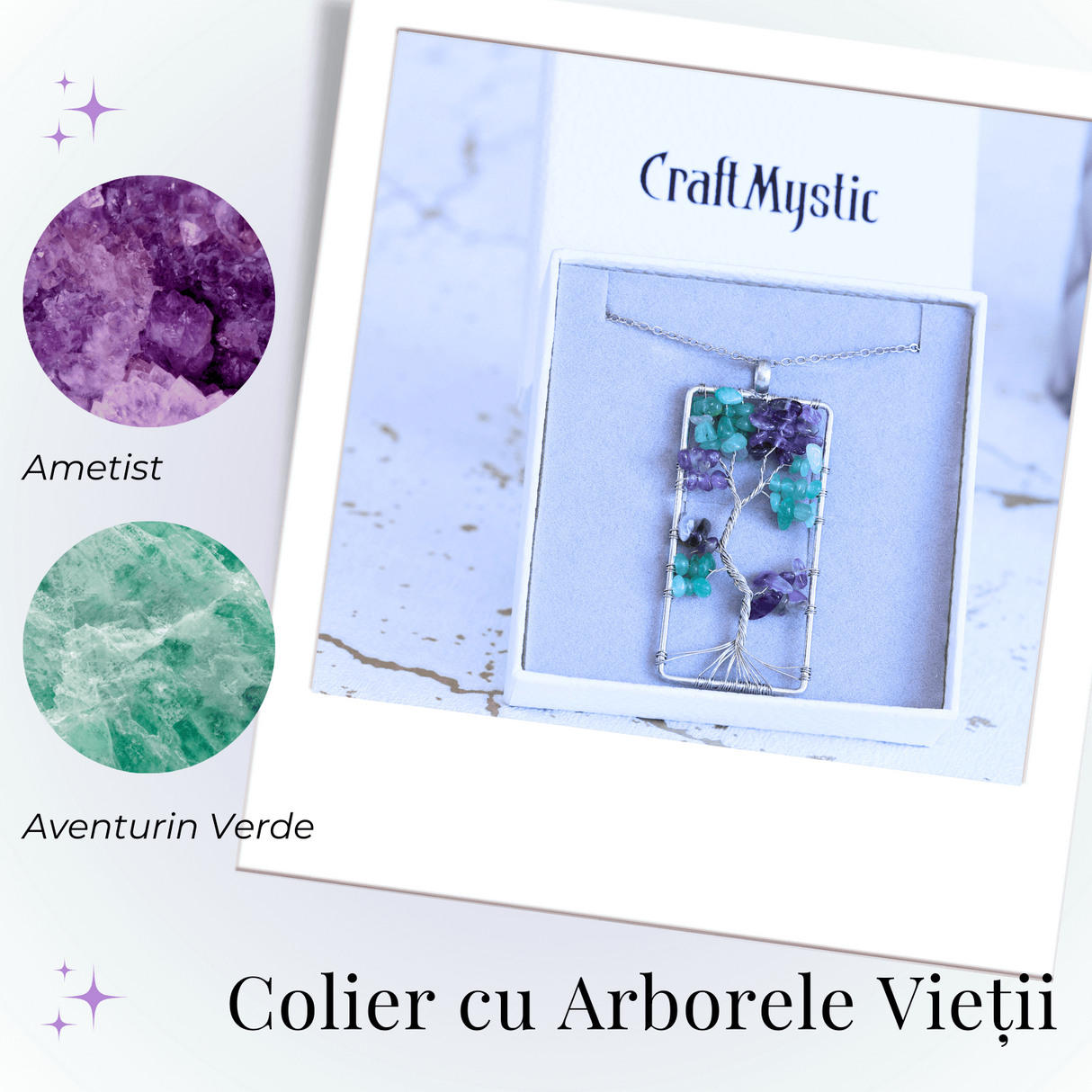 Colier ajustabil cu arborele vietii din ametist si aventurin verde - Armonie si Echilibru