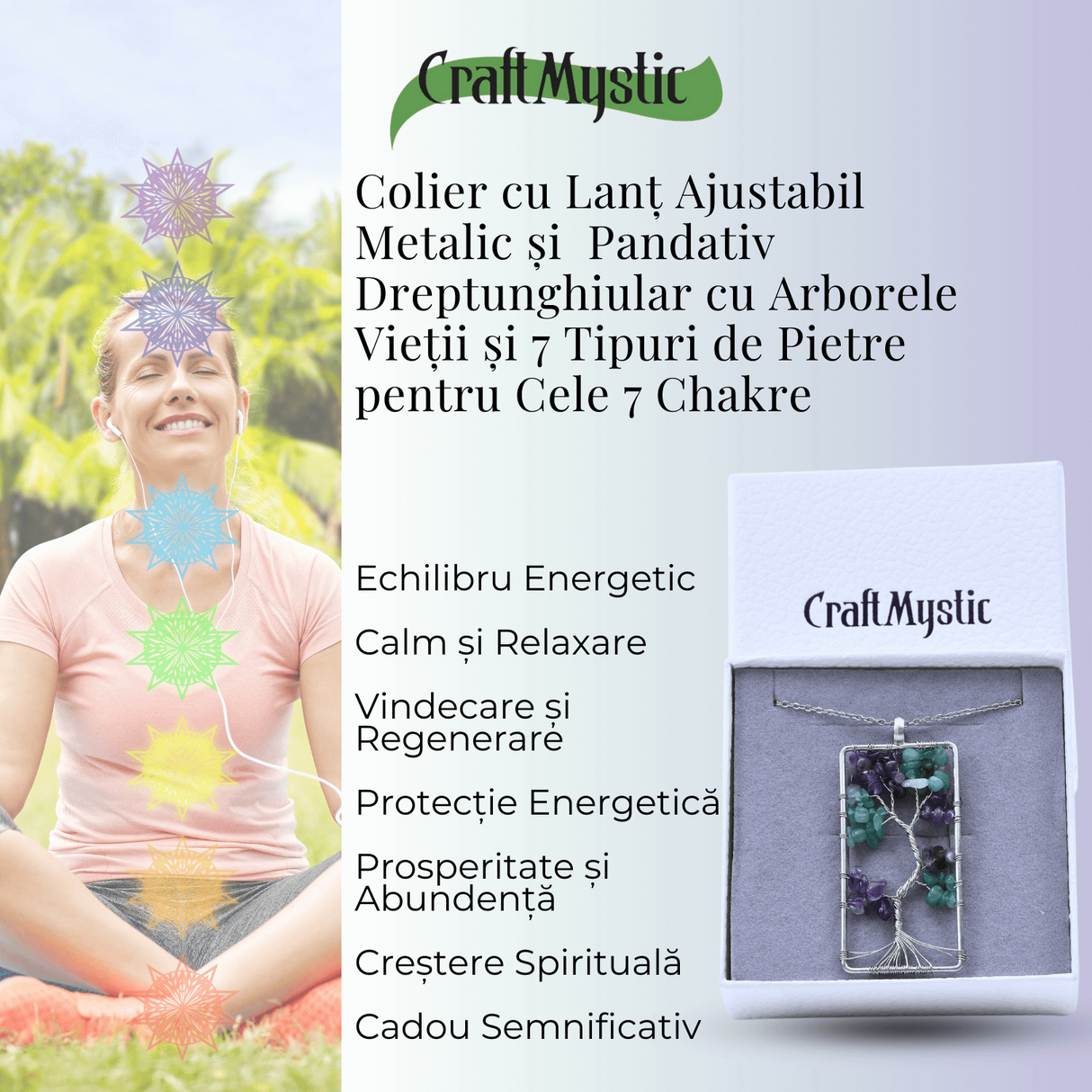 Colier ajustabil cu arborele vietii din ametist si aventurin verde - Armonie si Echilibru