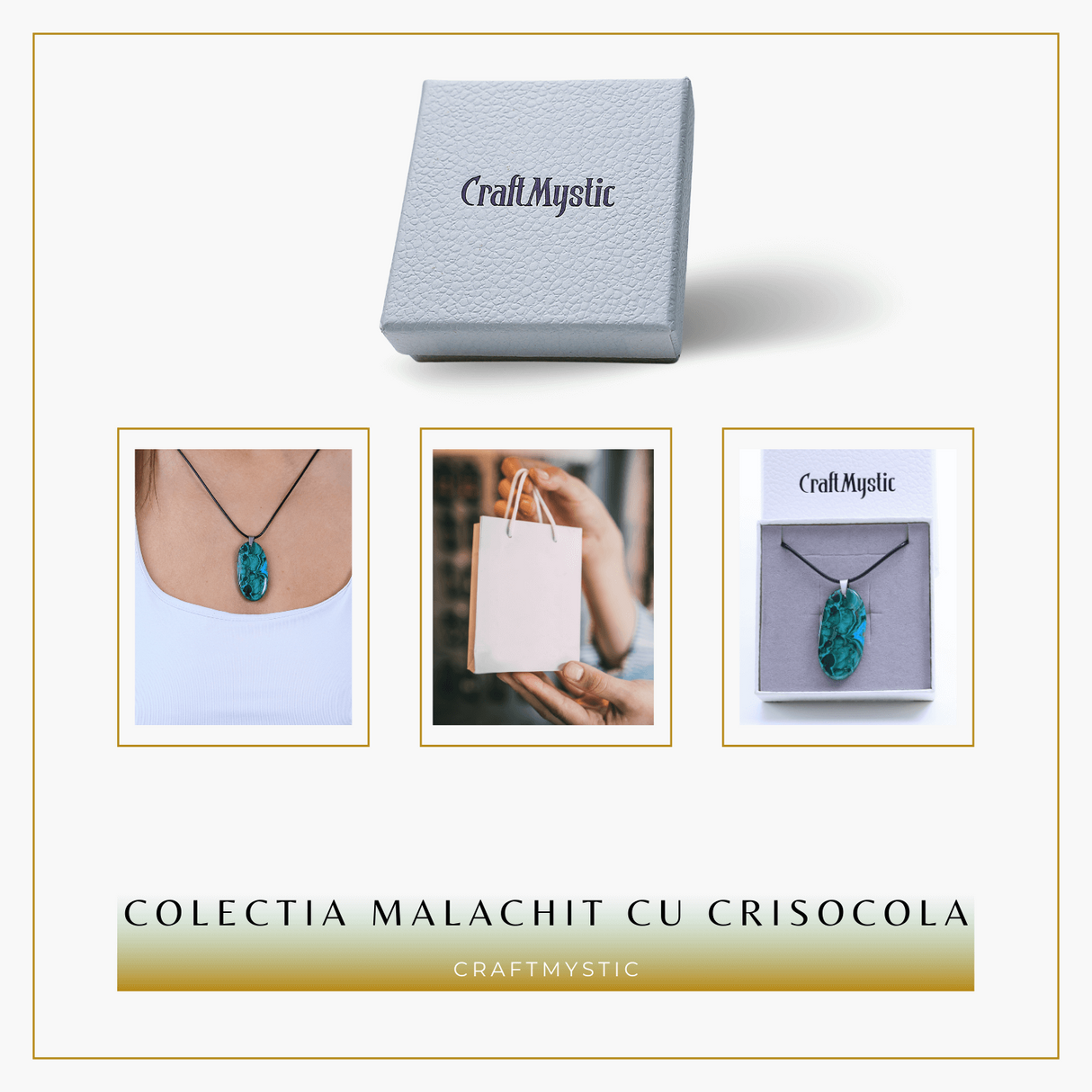 Colier ajustabil cu pandantiv oval malachit cu crisocola - Echilibru si Vindecare