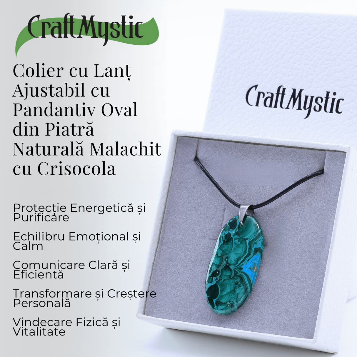 Colier ajustabil cu pandantiv oval malachit cu crisocola - Echilibru si Vindecare