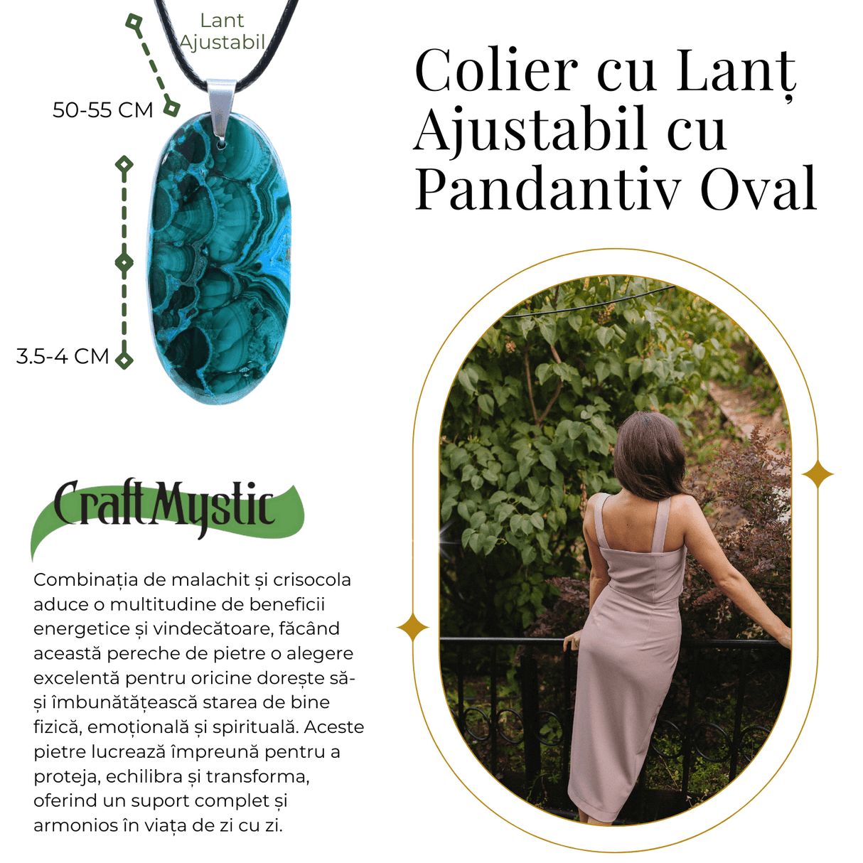 Colier ajustabil cu pandantiv oval malachit cu crisocola - Echilibru si Vindecare
