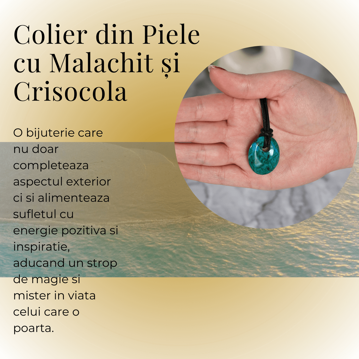 Colier Ajustabil din Piele cu Pandantiv din Malachit si Crisocola Naturala, Forma Ovala, 35-40mm
