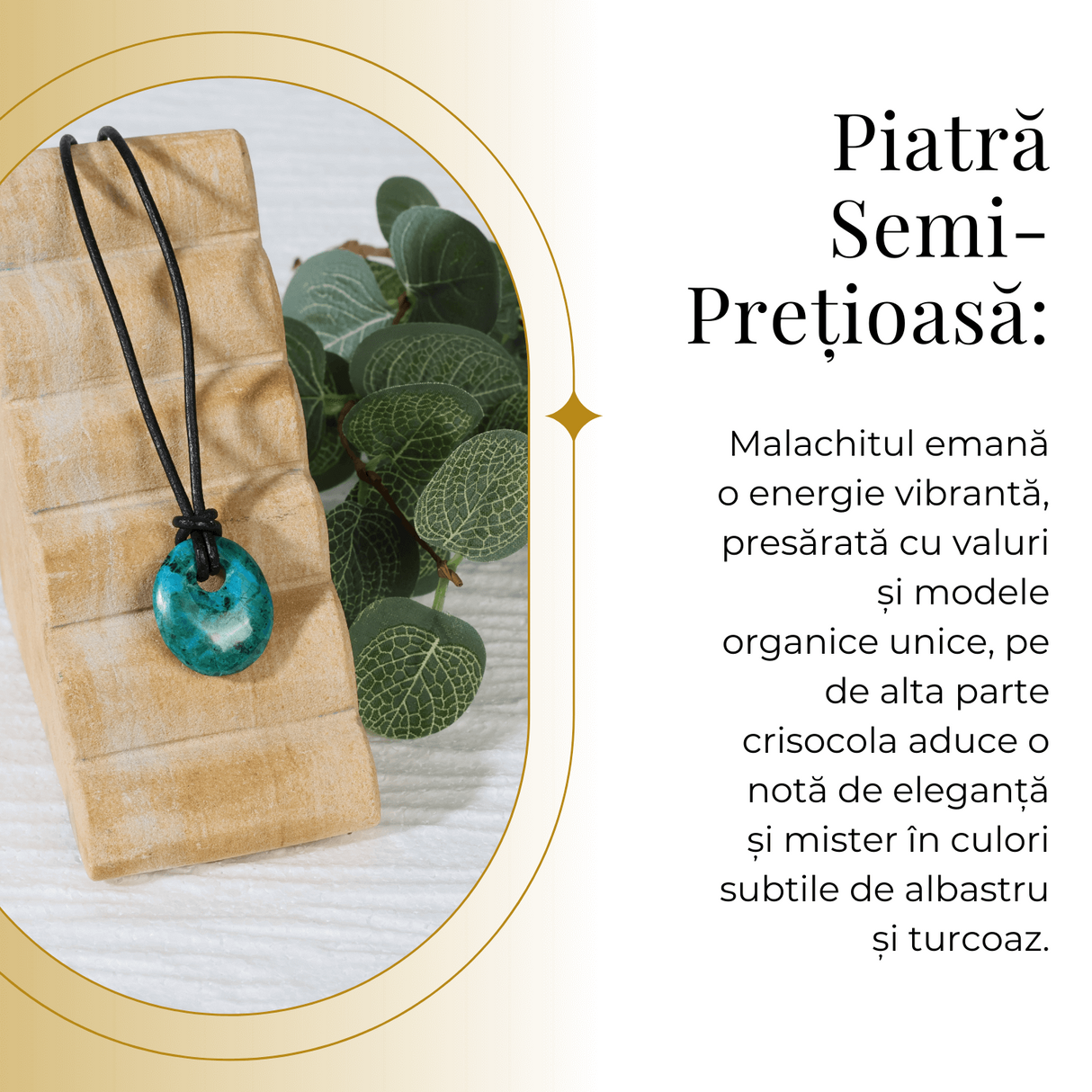 Colier Ajustabil din Piele cu Pandantiv din Malachit si Crisocola Naturala, Forma Ovala, 35-40mm