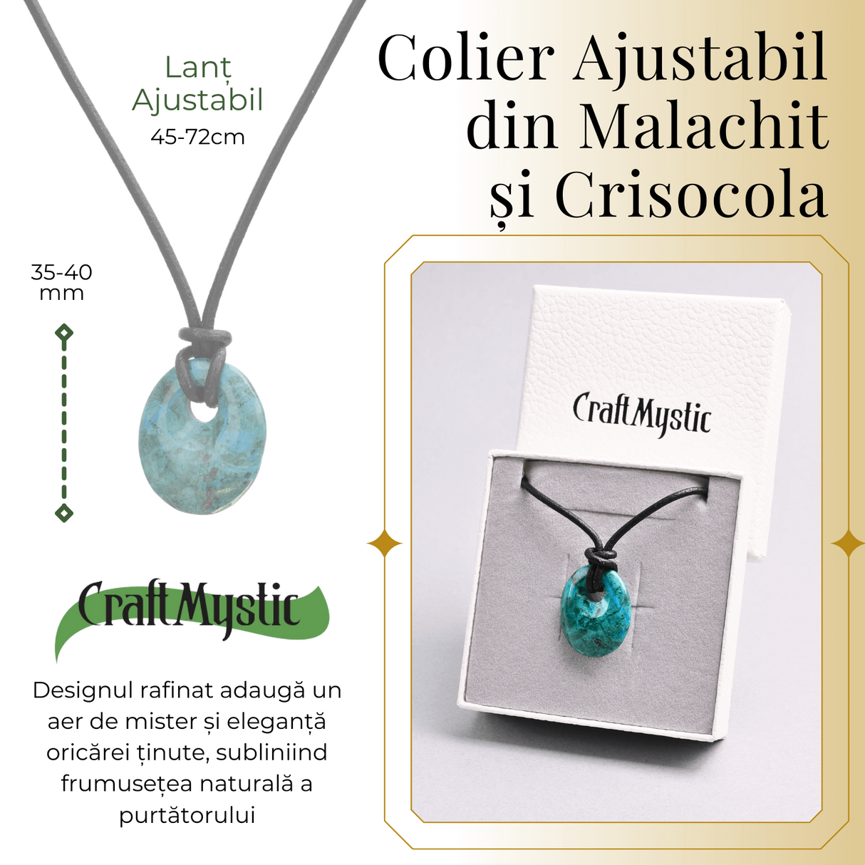 Colier Ajustabil din Piele cu Pandantiv din Malachit si Crisocola Naturala, Forma Ovala, 35-40mm
