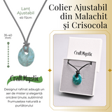 Colier Ajustabil din Piele cu Pandantiv din Malachit si Crisocola Naturala, Forma Ovala, 35-40mm