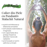 Colier cu Lant din Piele Ajustabil si Pandantiv 45mm in Forma de Virgula din Malachit Natural