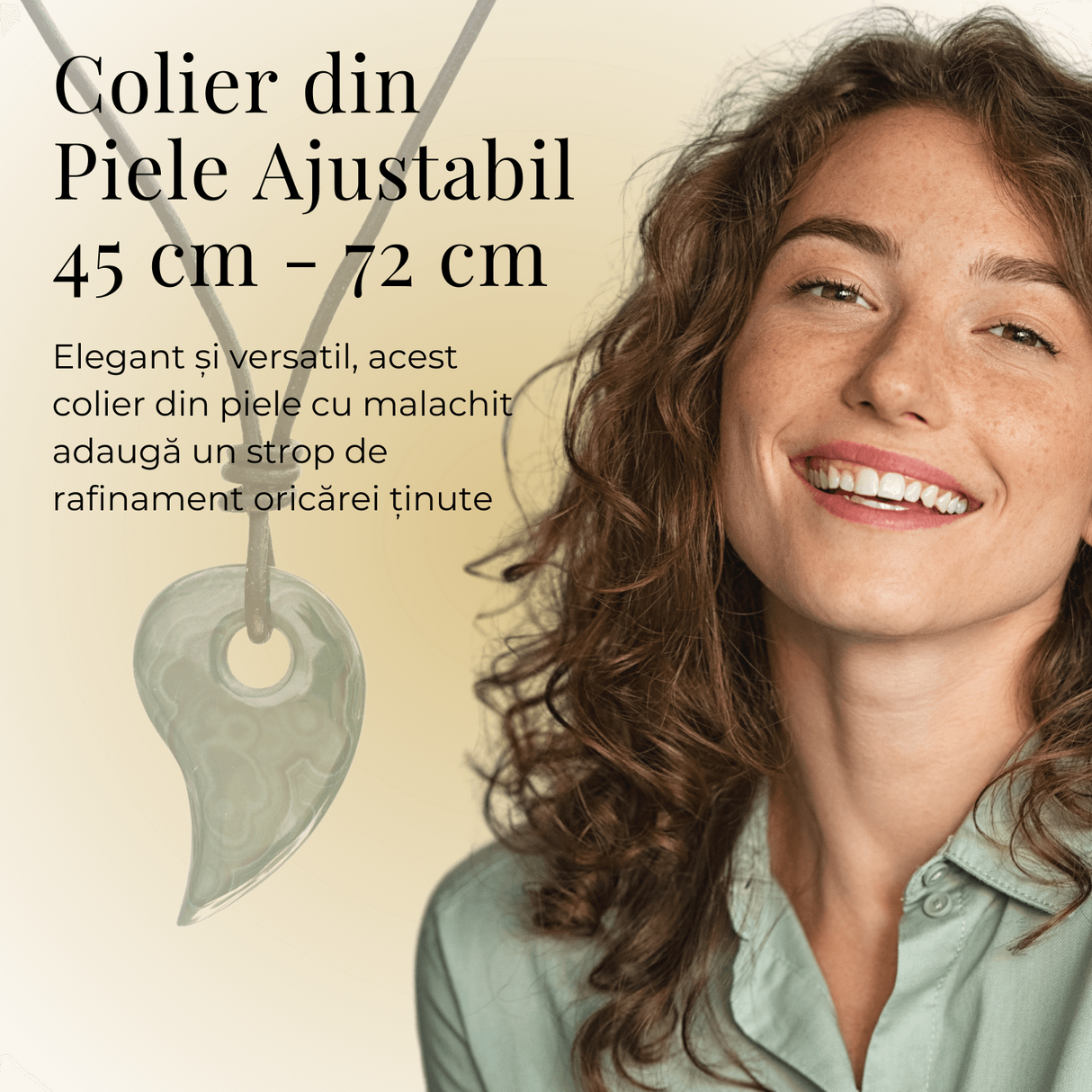 Colier cu Lant din Piele Ajustabil si Pandantiv 45mm in Forma de Virgula din Malachit Natural