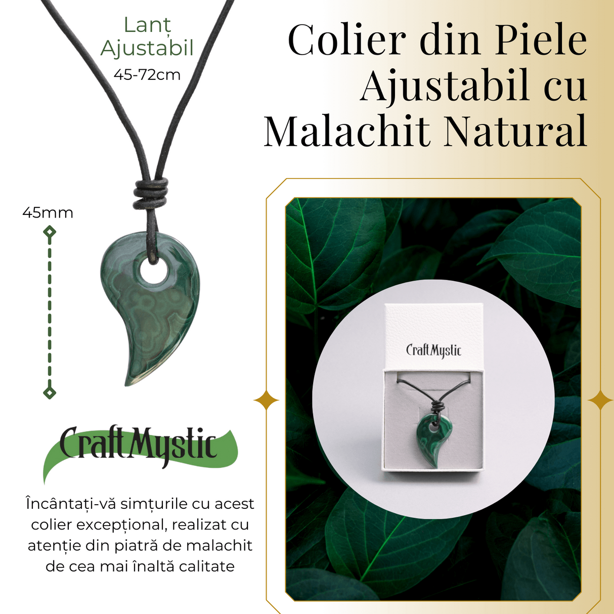 Colier cu Lant din Piele Ajustabil si Pandantiv 45mm in Forma de Virgula din Malachit Natural